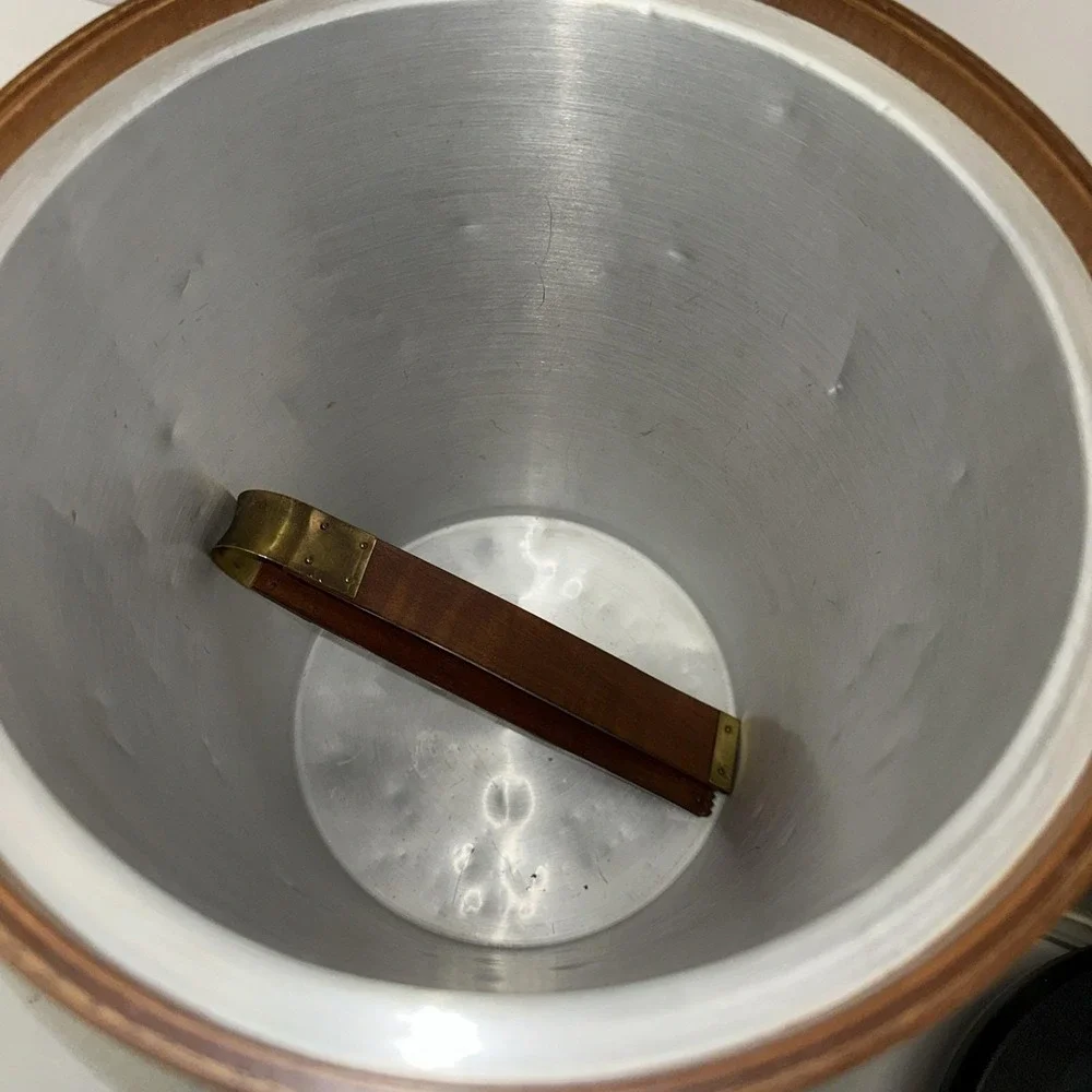 Vintage Wood Ice Bucket W/ Tongs Brass Handles Mid Century 11